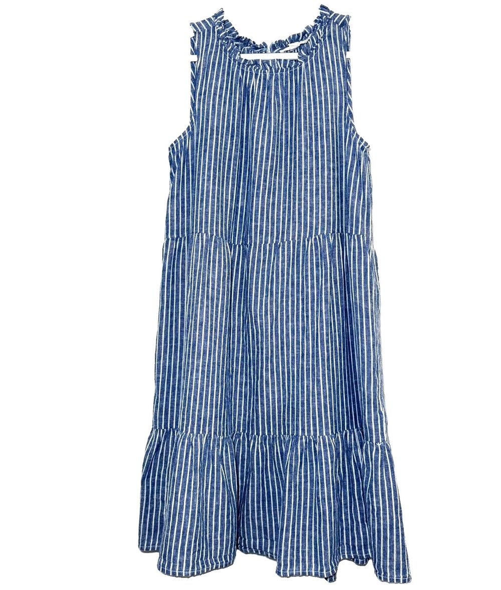 BeachLunchLounge Blue White Stripe Linen Cotton Tiered Shift Dress Small